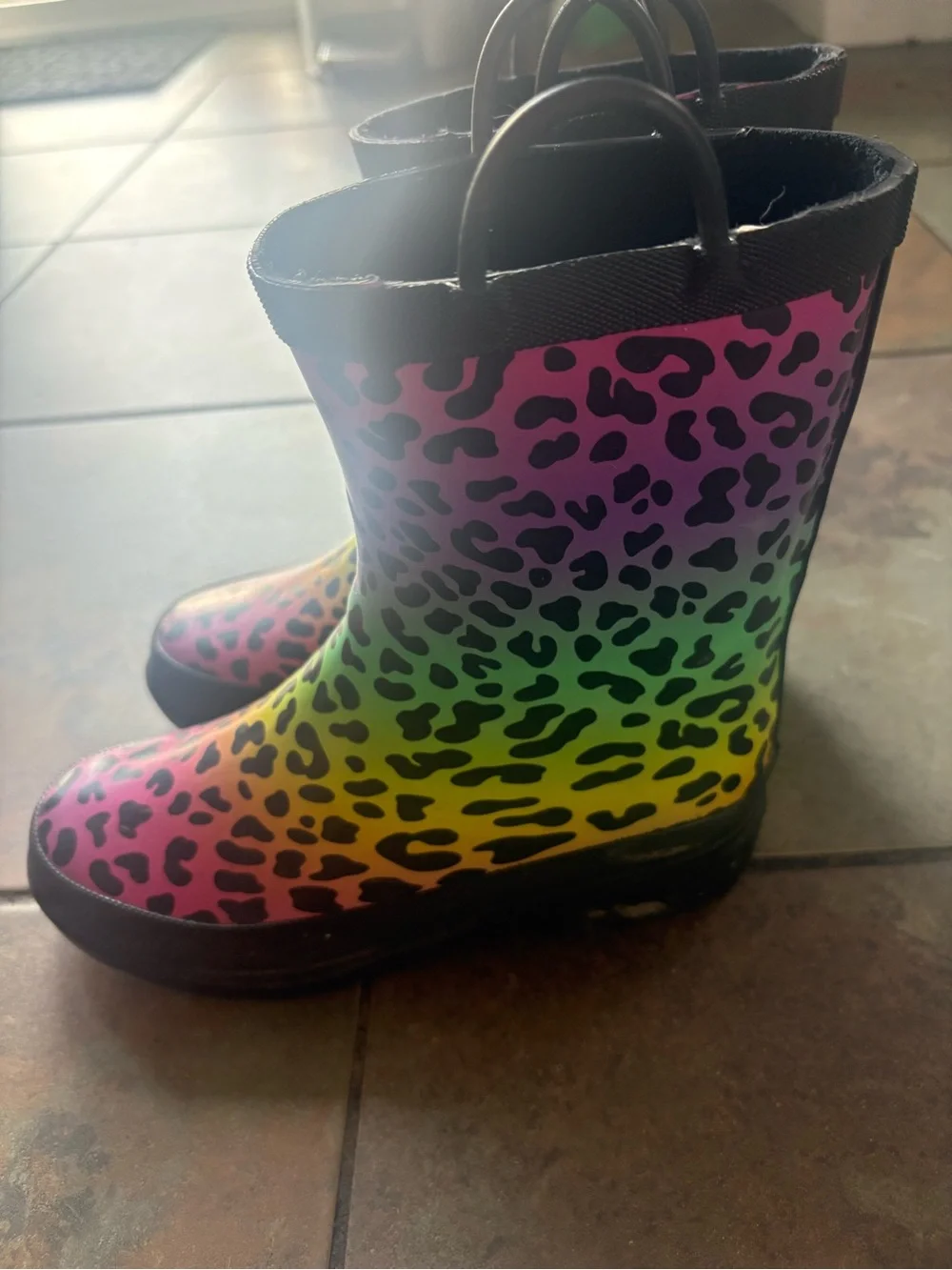 Kids Rainbow Leopard Rain & Snow Boots with Easy Grip Handles - Lisa Frank color
